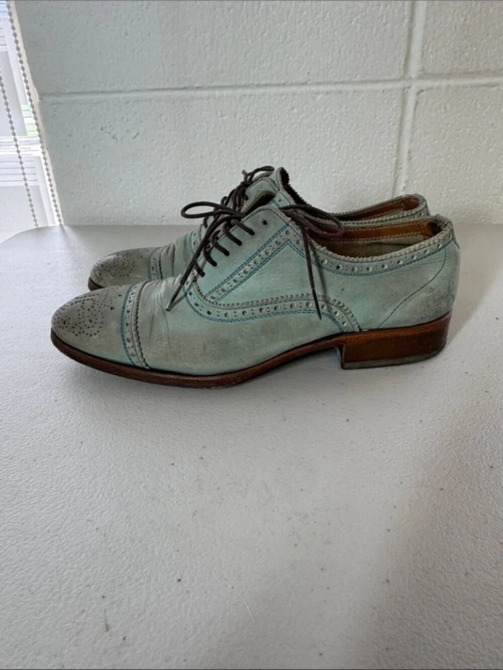 John Fluevog Gateway Oxfords Mint Blue Leather Brogue Shoes Sz M 4.5 Art Chic